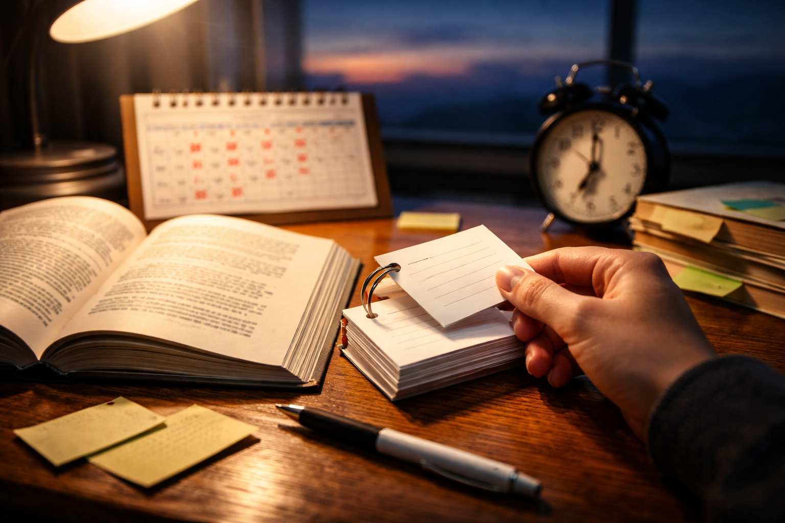 単語カードをめくって思い出そうとしている勉強机の手元