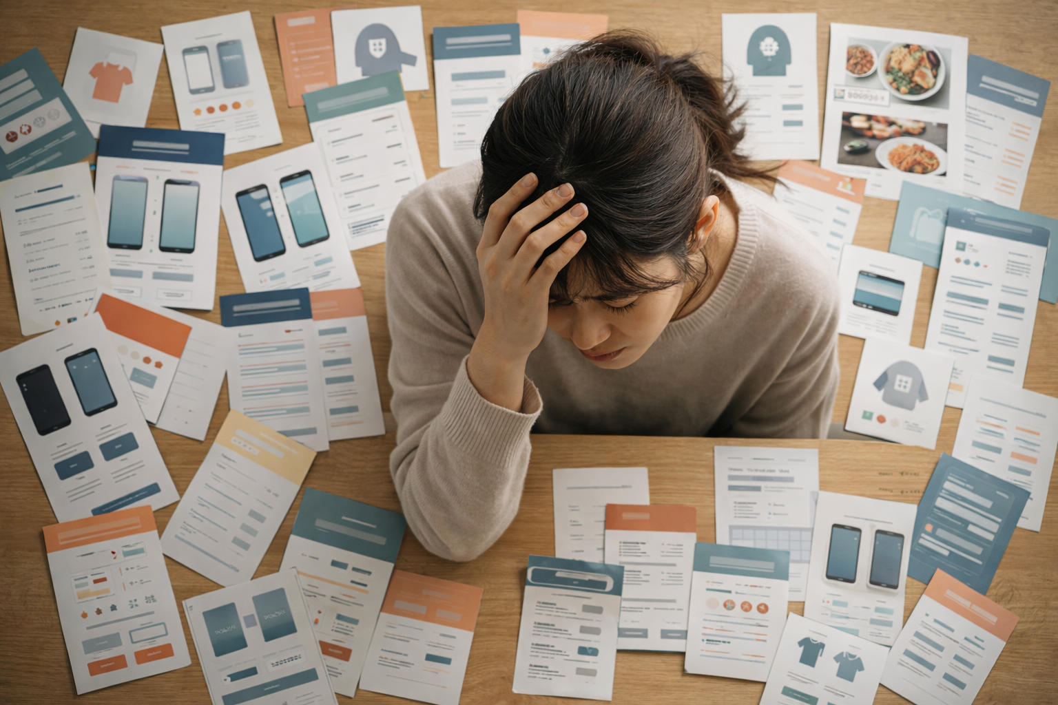 多くの選択肢を前に考え込む人物