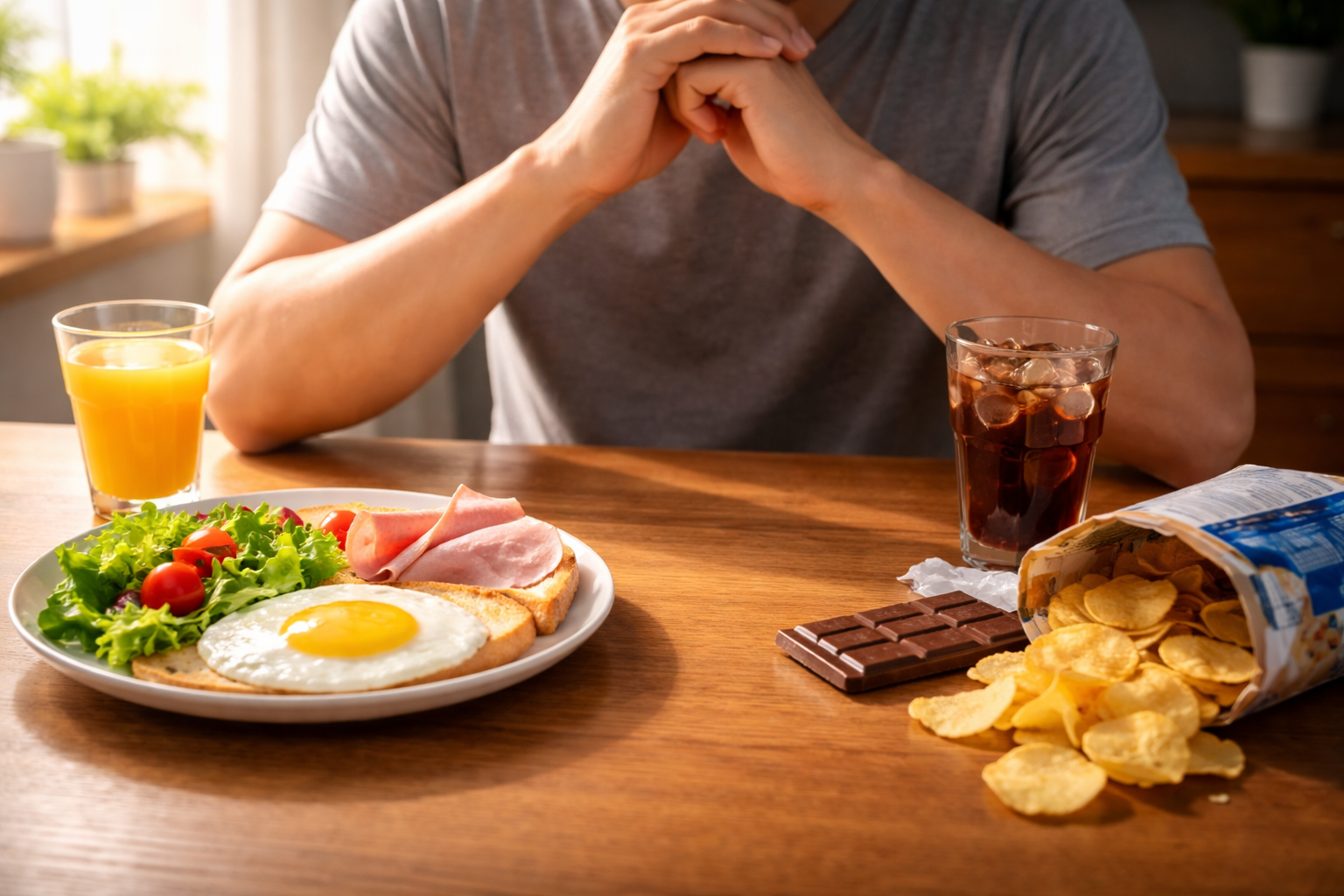 朝食を前に食べるか迷う人物の手元