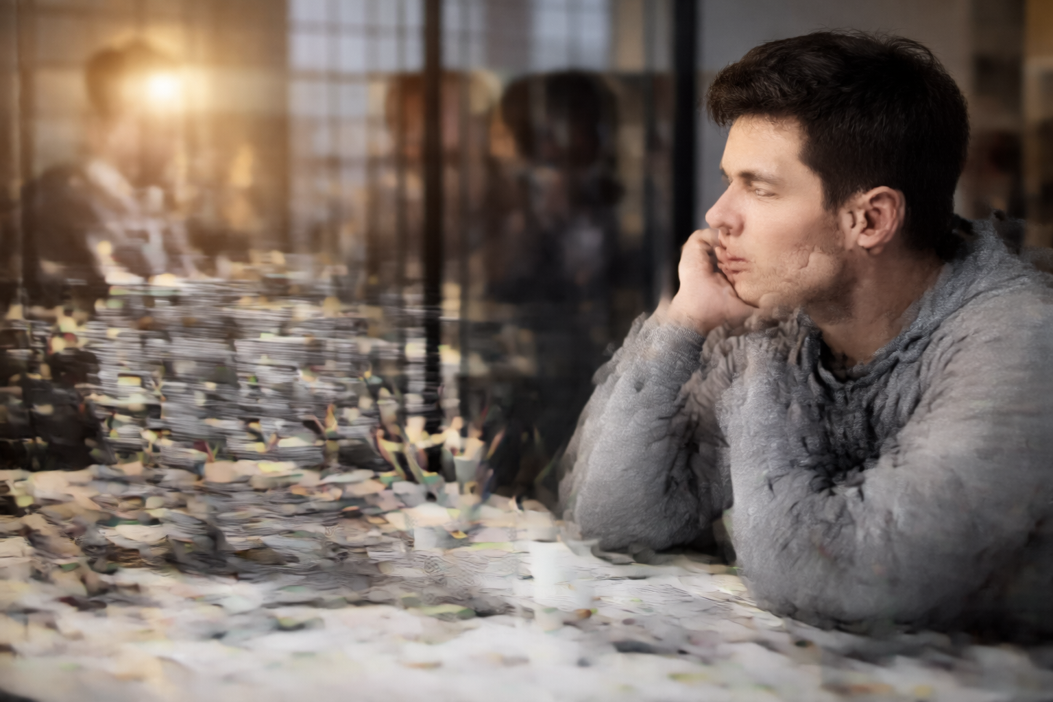 オフィスで多くの雑務に囲まれながら評価から取り残されたように見える人物