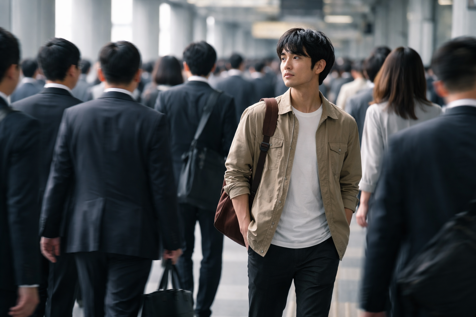 人混みの中で少しだけ違う方向を向く一人の人物