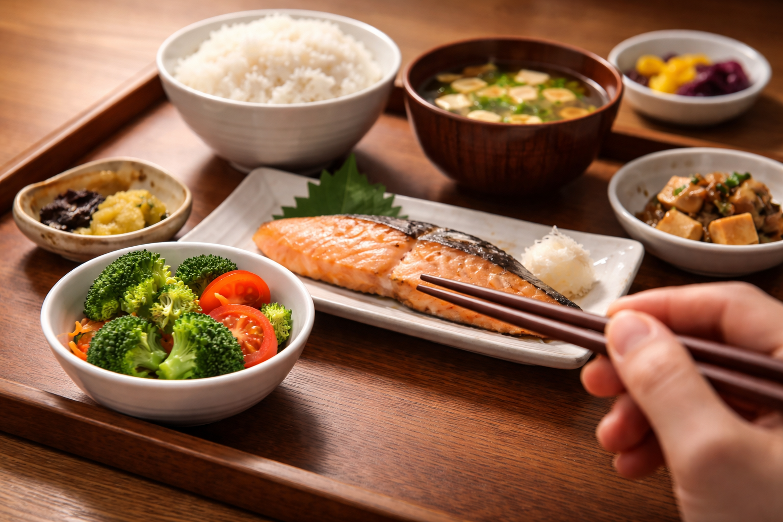 野菜、魚、ご飯の順に並んだ和定食