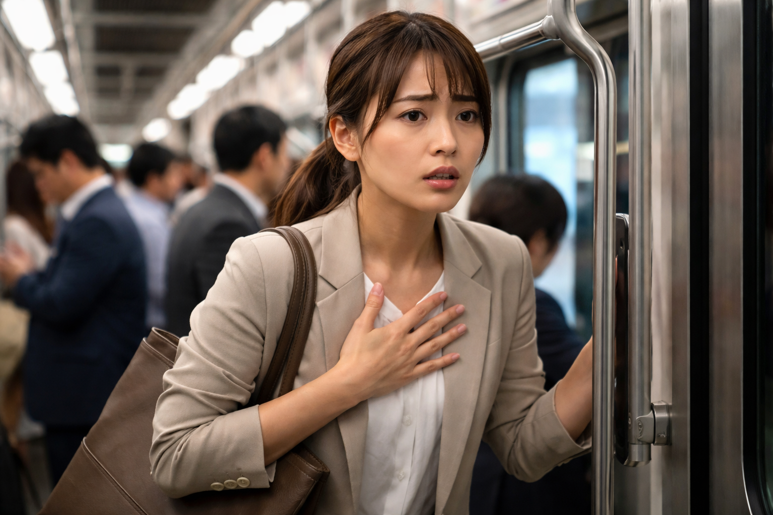 通勤電車で不安発作に耐えながら呼吸を整える人物