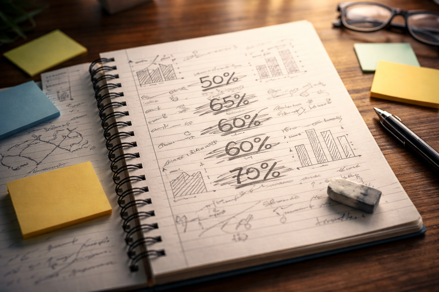 確率を書き直した跡が残る予測メモのノート