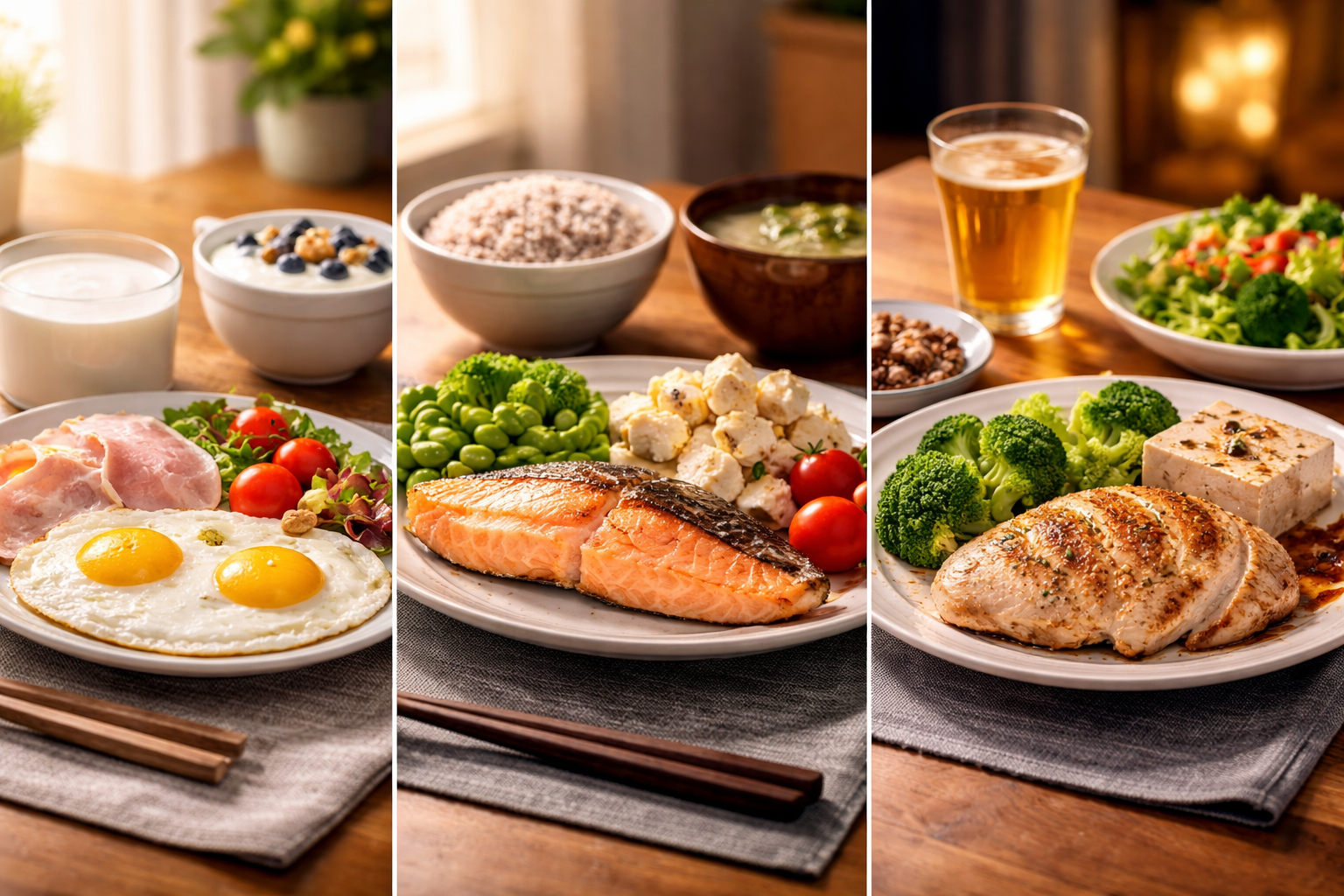 朝昼夜に均等にたんぱく源が並ぶ3つの食卓