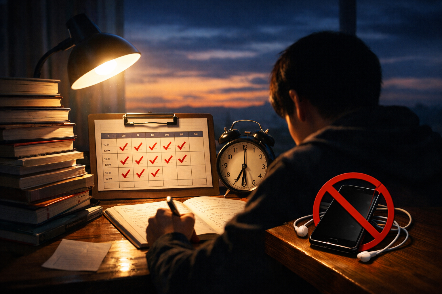 ノートを閉じて自分で考えながら勉強する学習者の机