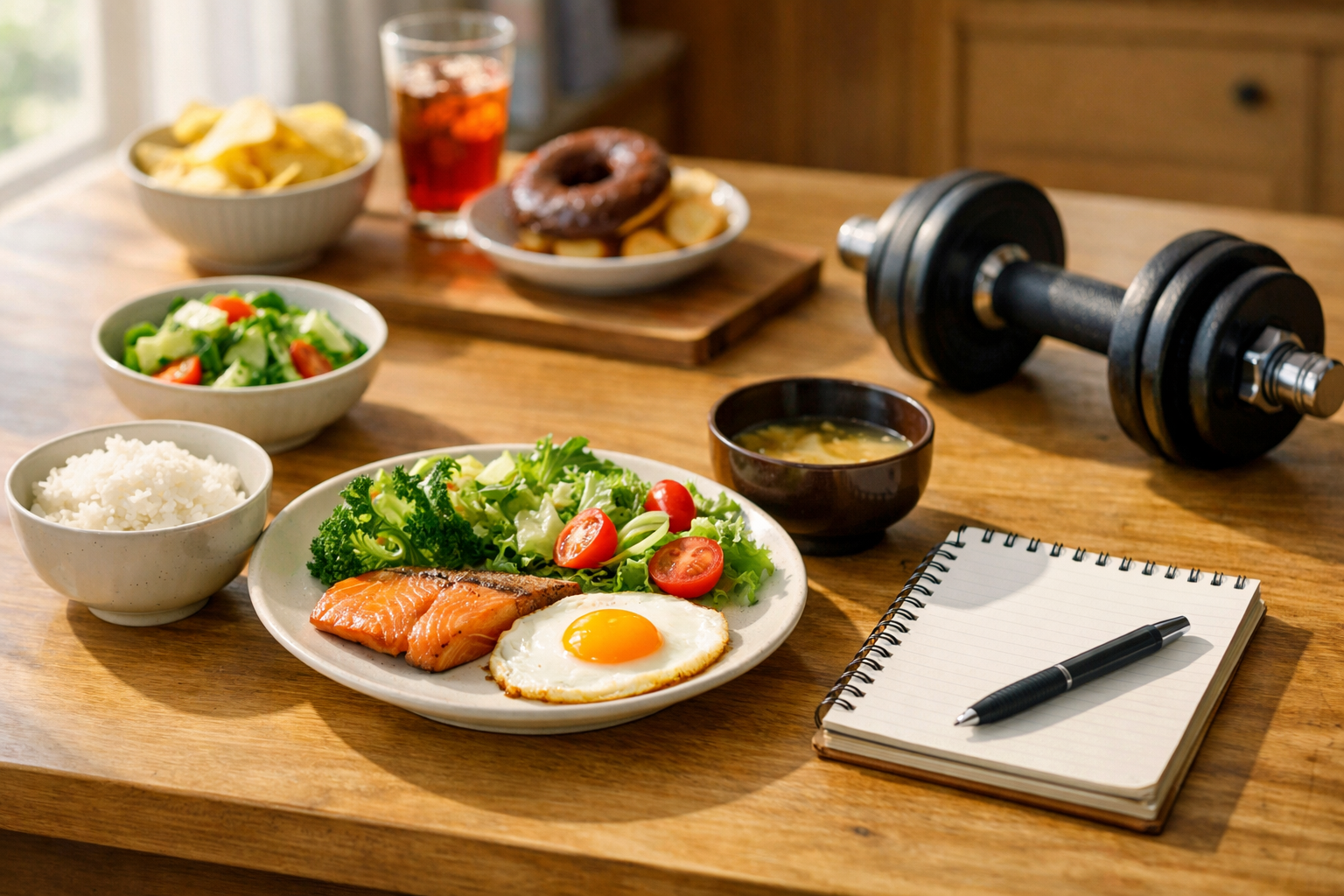 整った朝食とメモ帳、ダンベルが置かれたキッチンテーブル