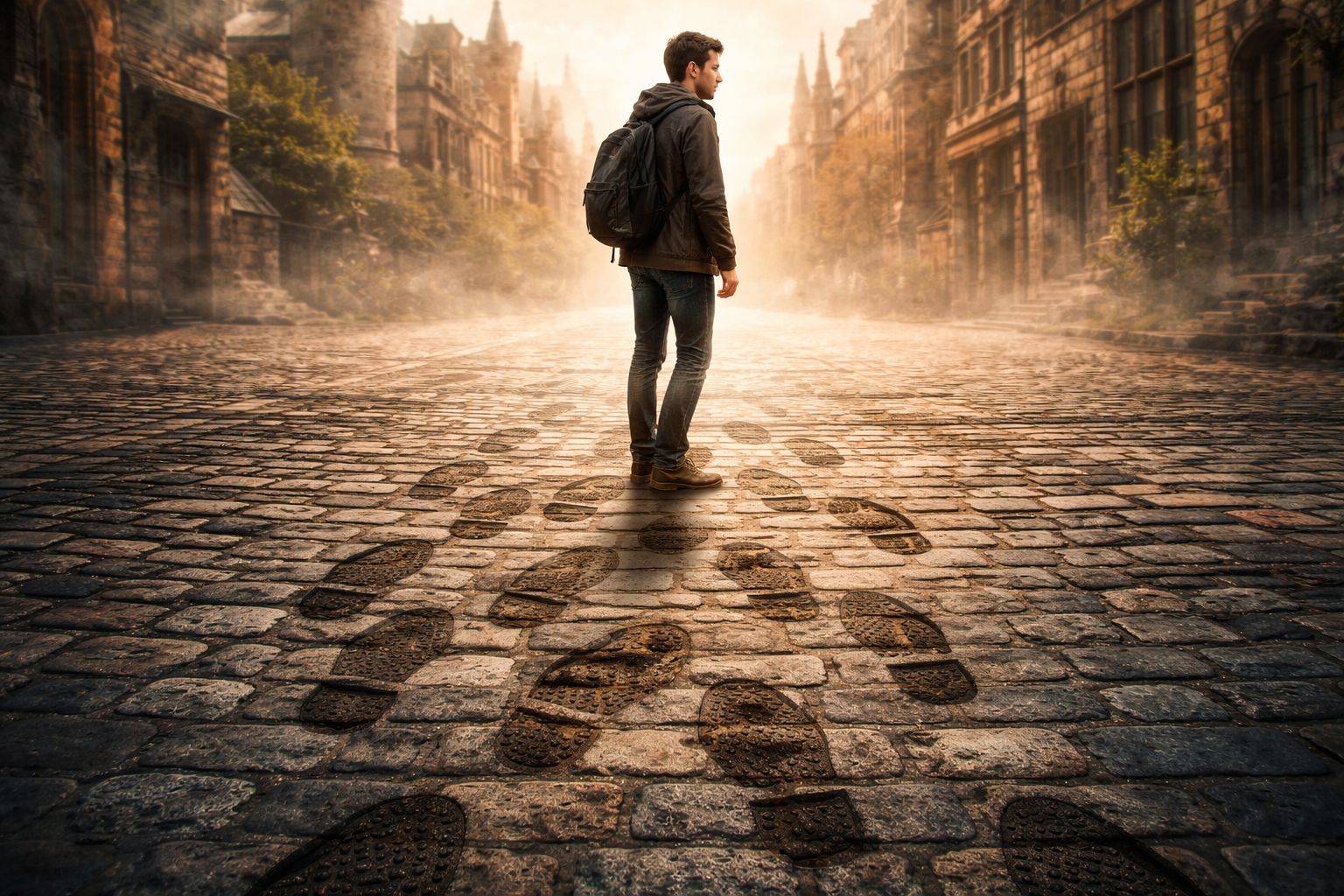 時代の違う風景の中で重なる足跡を見つめる人物