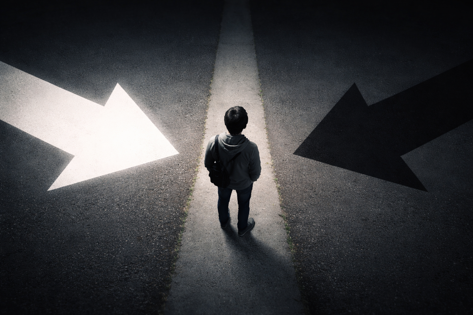 分かれ道で白と黒の大きな矢印の間に立つ人物