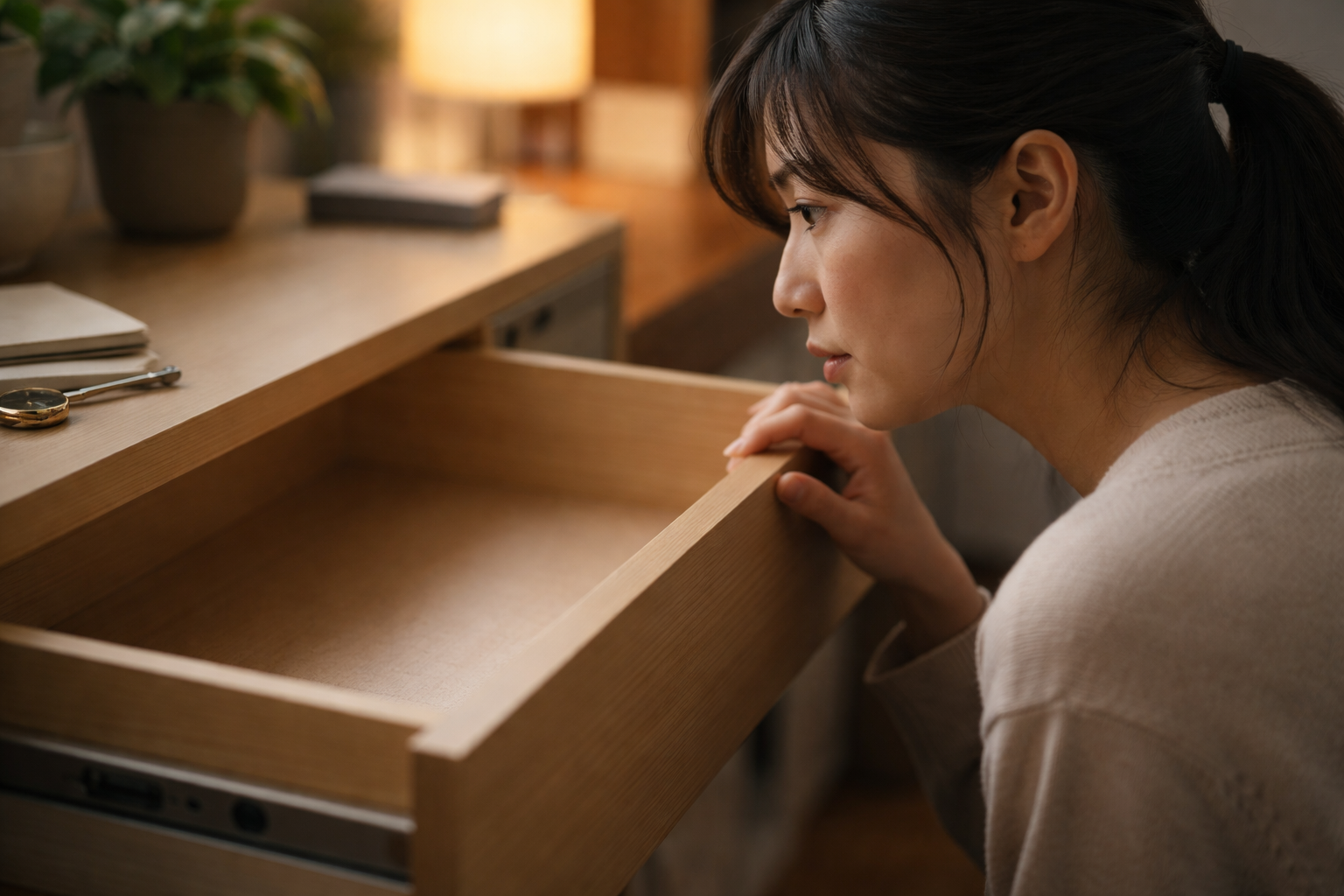 手放した物を思い出して空いた場所を見つめる人物