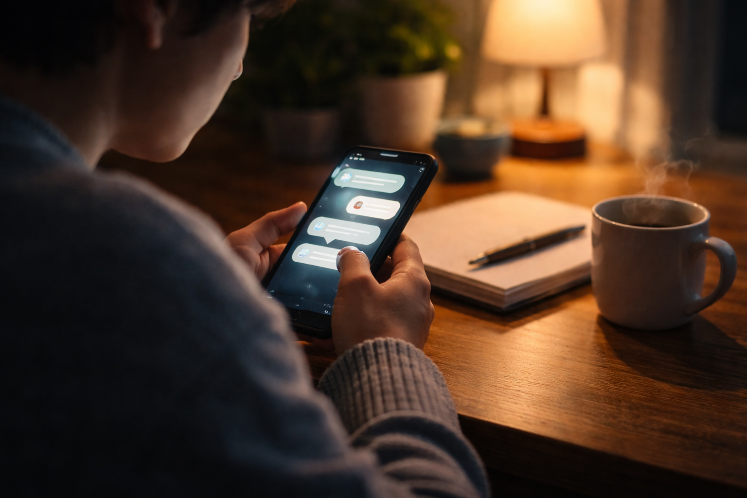 スマートフォンの通知を見ながら距離感に悩む人物