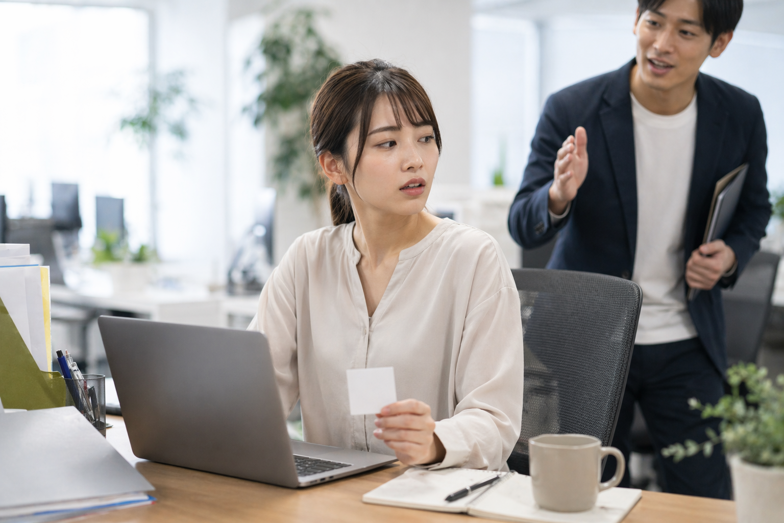 デスクで作業中に同僚から話しかけられる人物