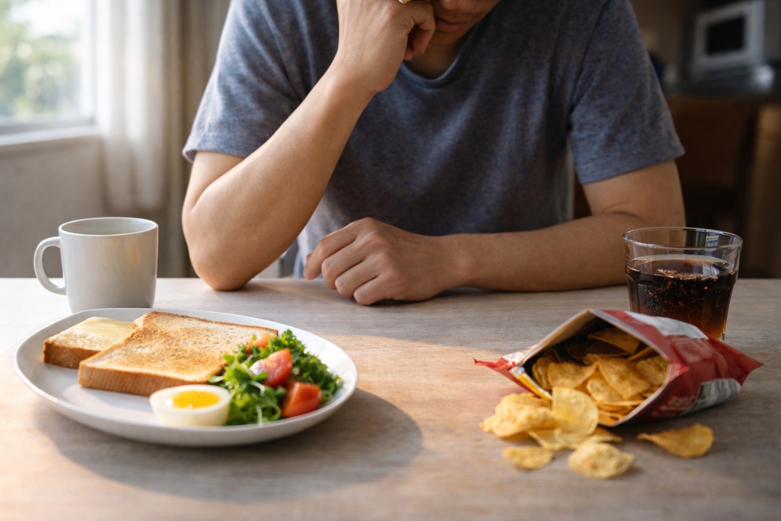 朝食を前に食べるか迷う人物の手元