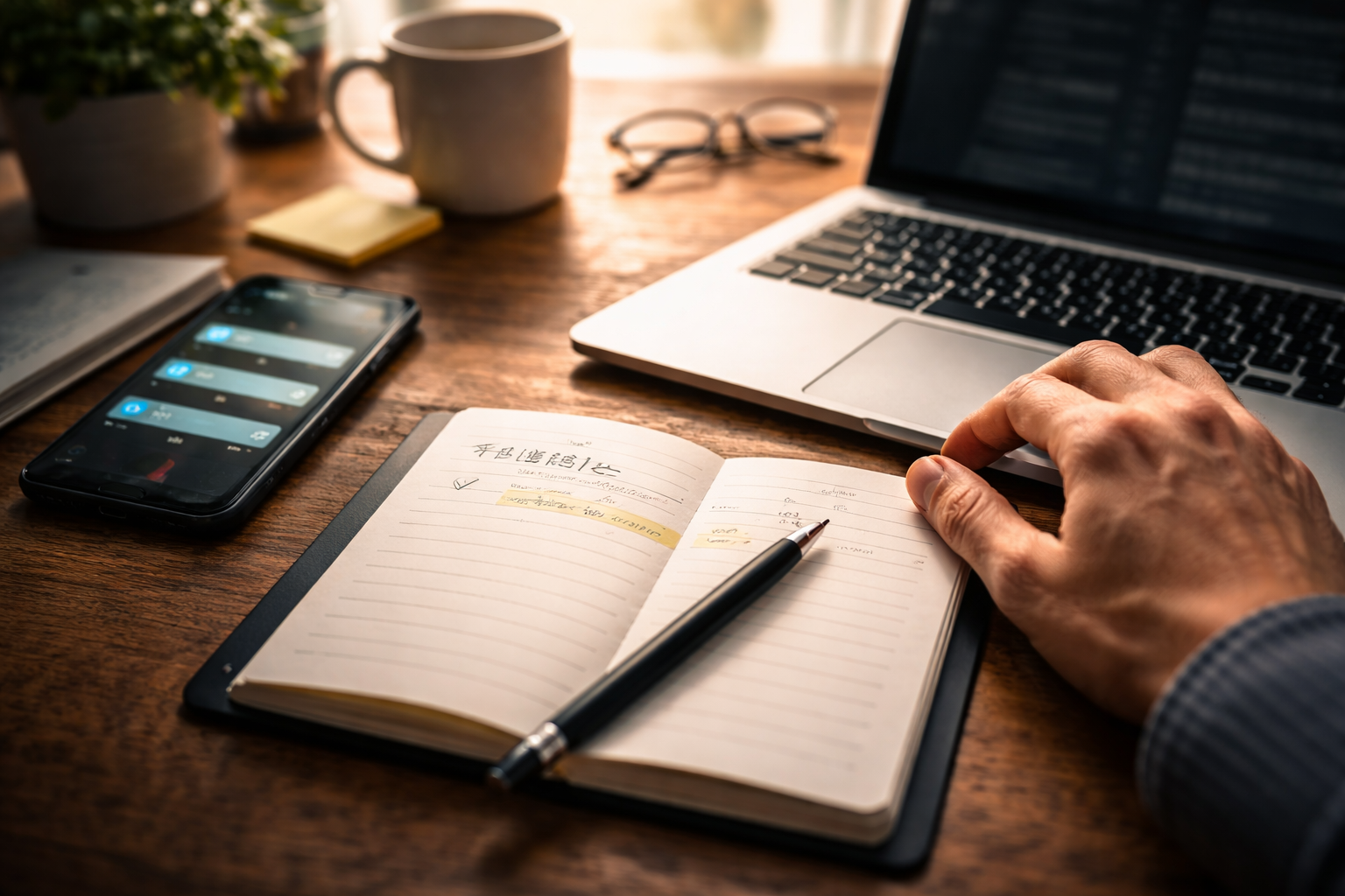 朝の机で最重要タスクを決める仕事中の手元