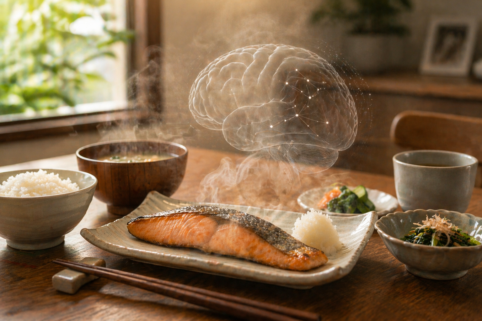 朝の食卓の焼き魚と脳を連想させるやわらかな光のイメージ