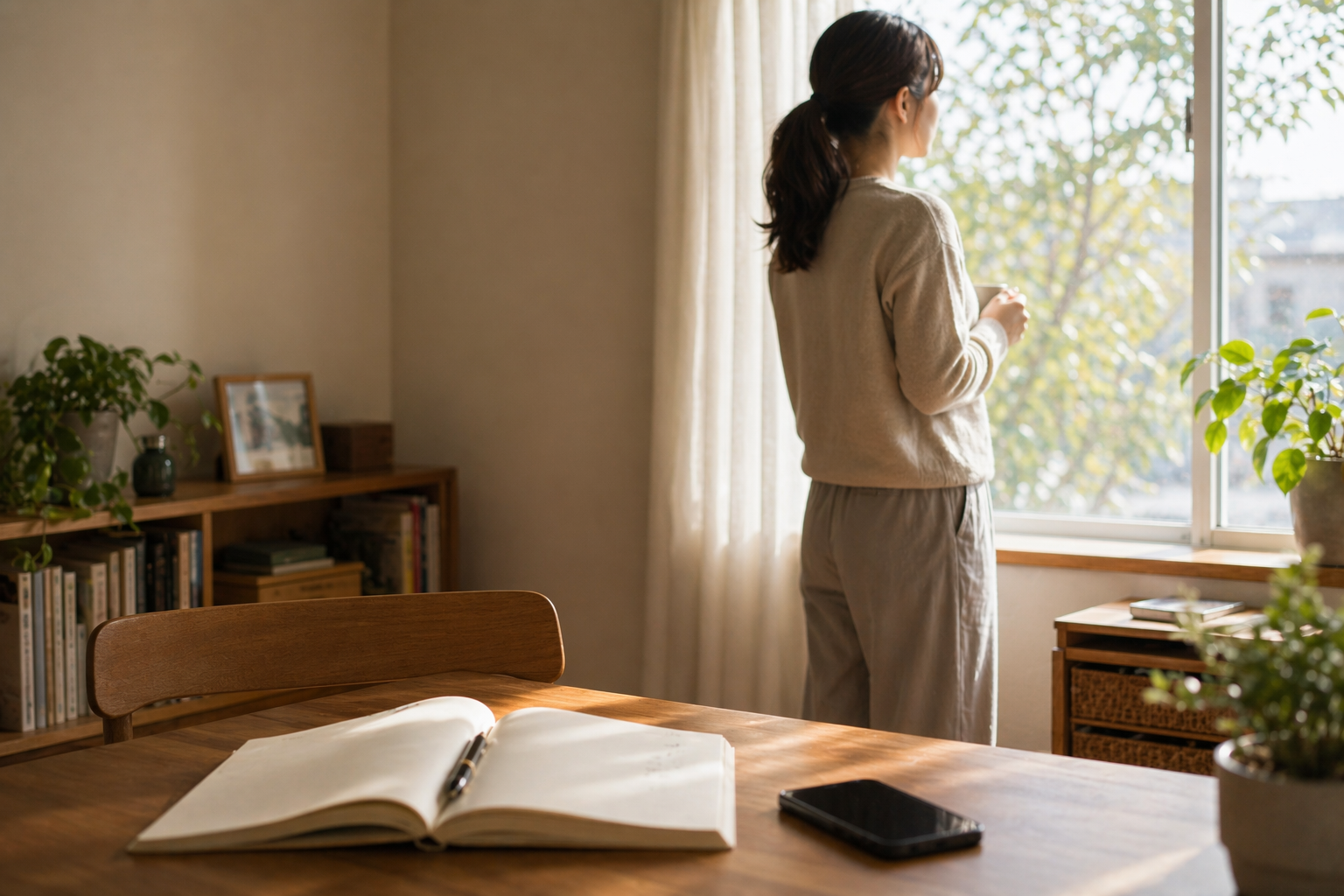 窓際で外を見ながら考える人物と机上のノート