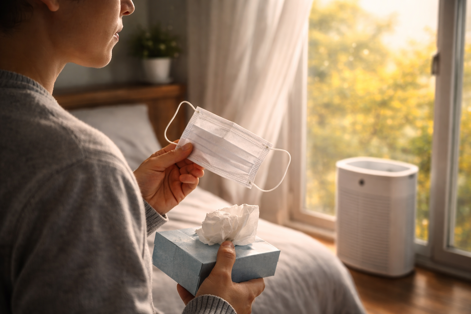 春の花粉シーズンに室内でマスクと空気清浄機を使う人物
