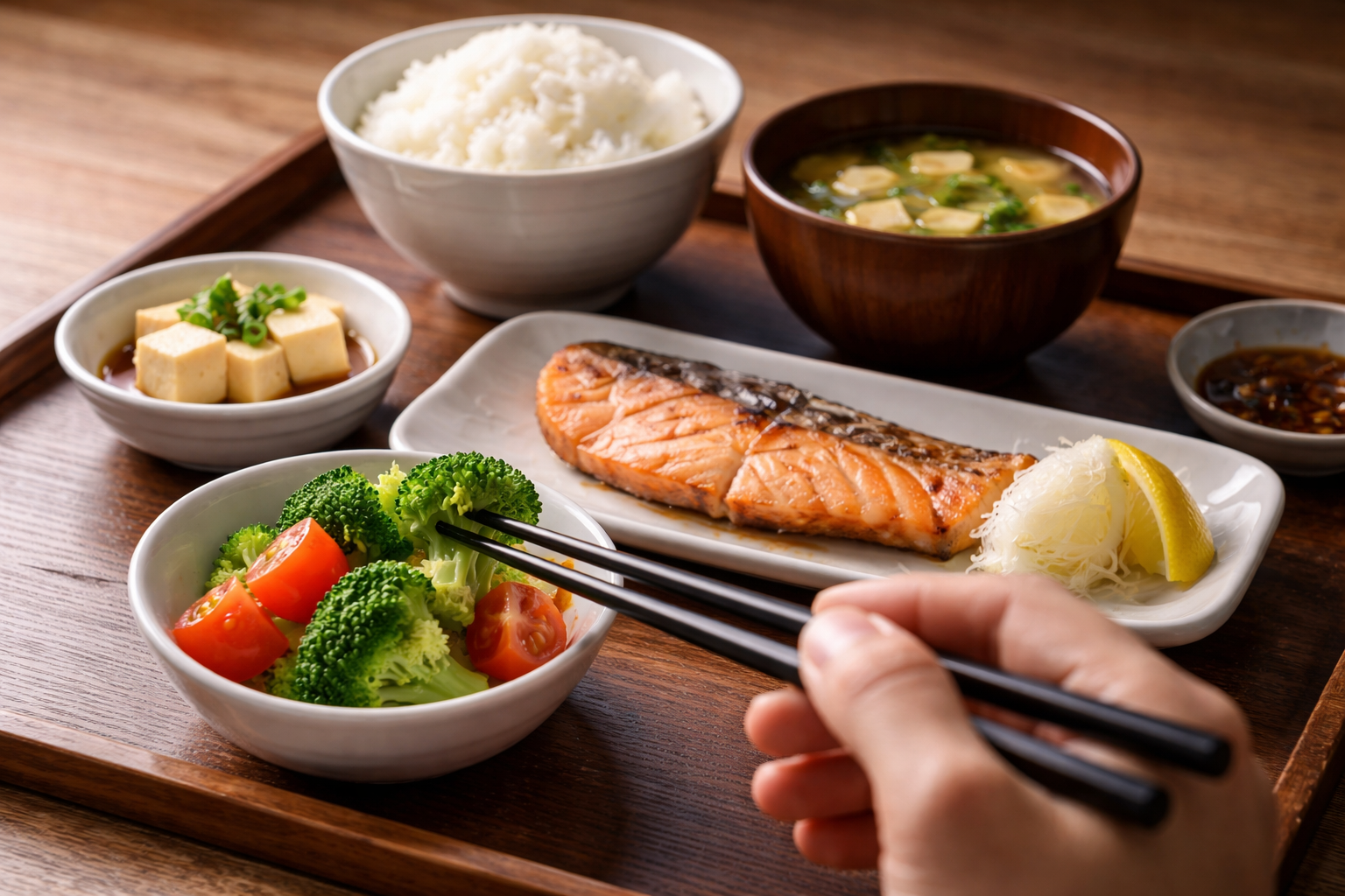 野菜、魚、ご飯の順に並んだ和定食