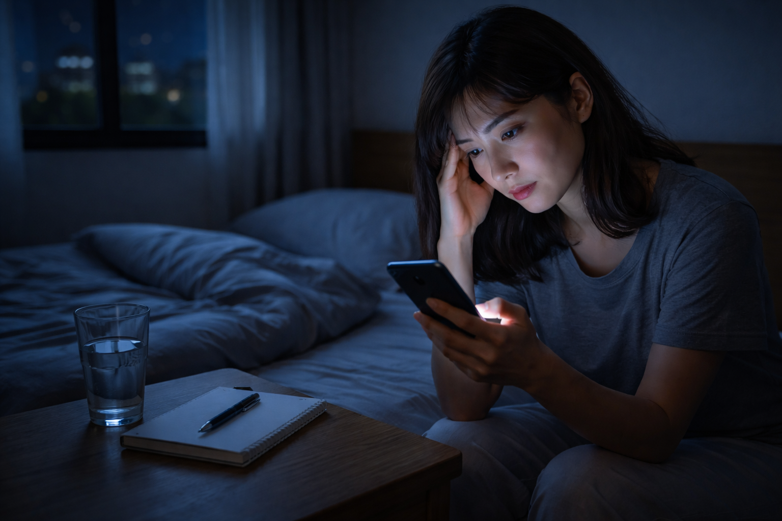 夜の寝室でスマホを見ながら不安そうに座る人物