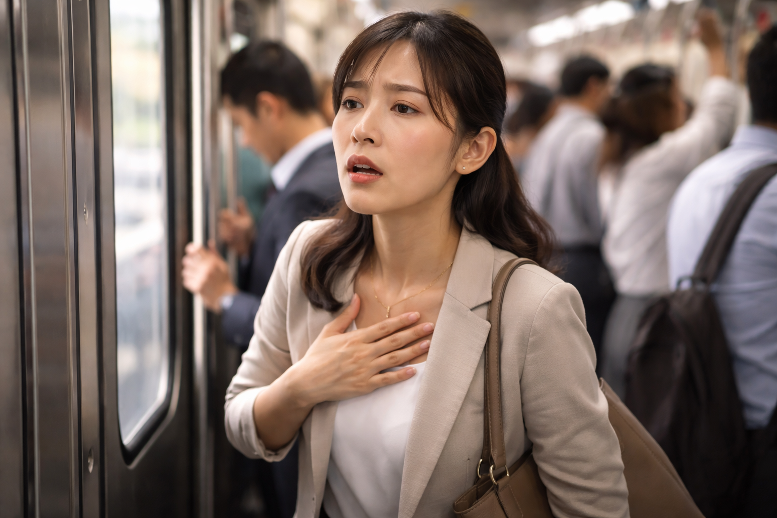 通勤電車で不安発作に耐えながら呼吸を整える人物