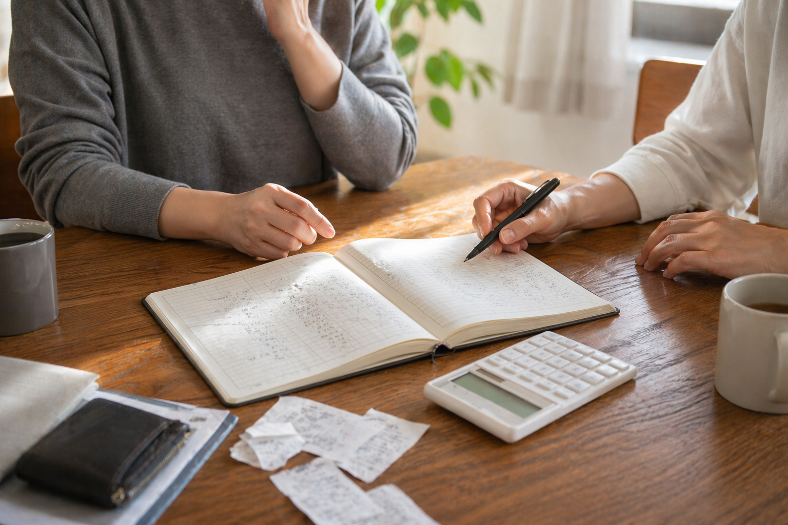 家計ノートを前に向かい合うパートナーの手元