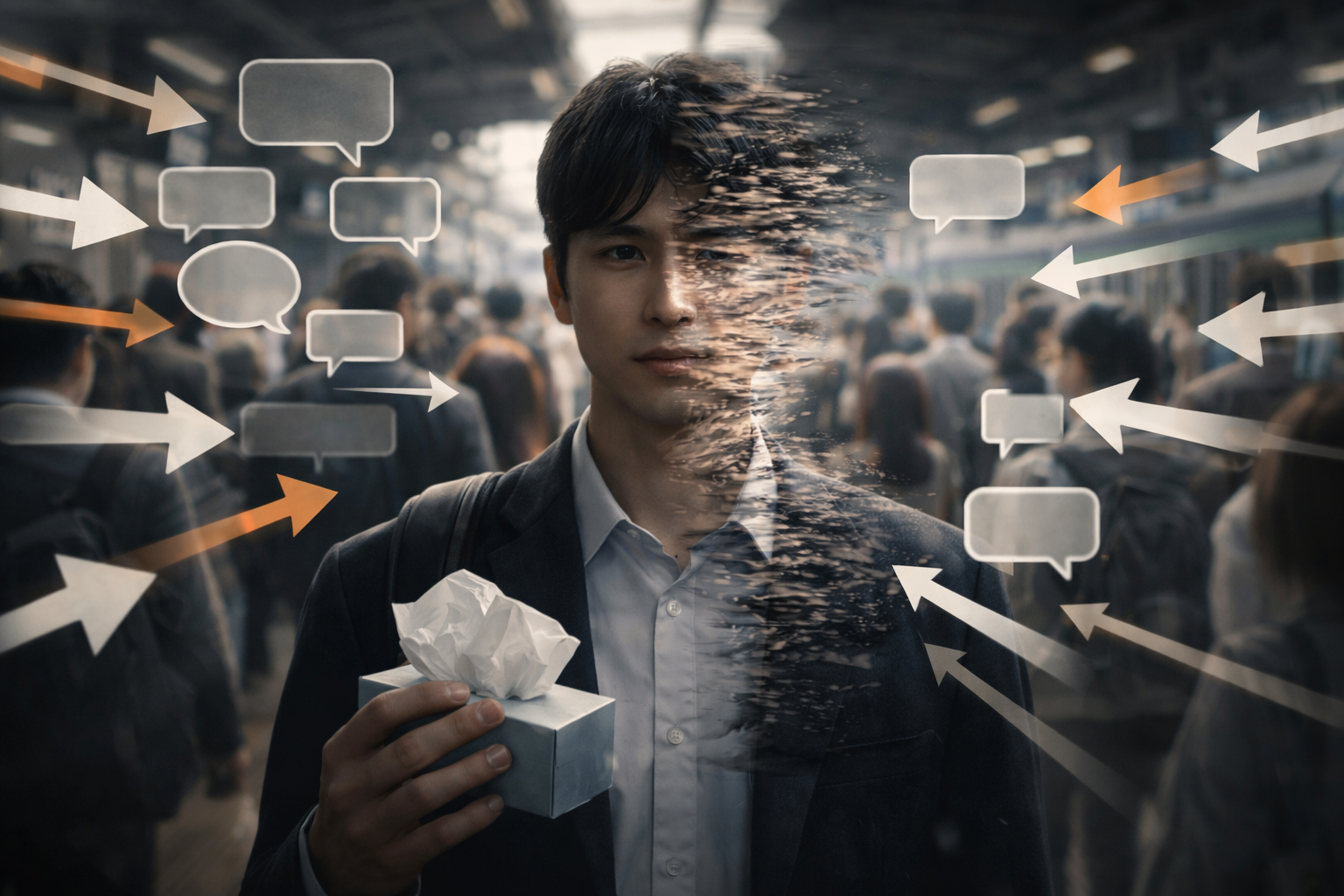 多くの言葉に囲まれながら判断しようとする人物のイメージ