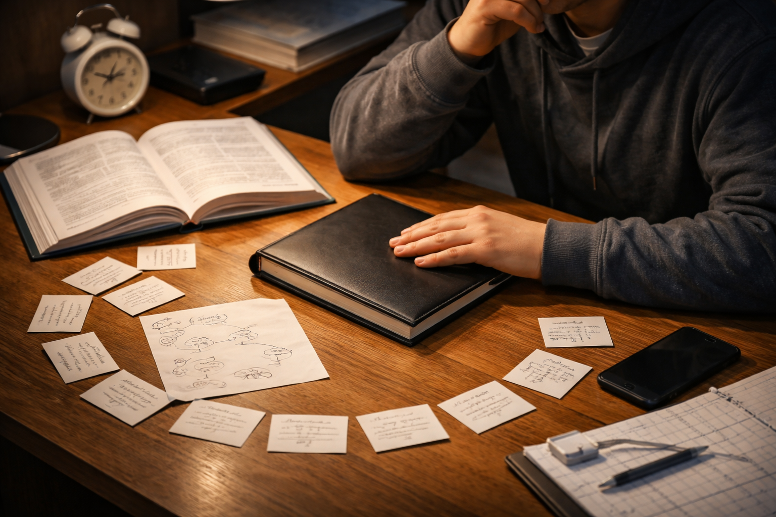 ノートを閉じて自分で考えながら勉強する学習者の机