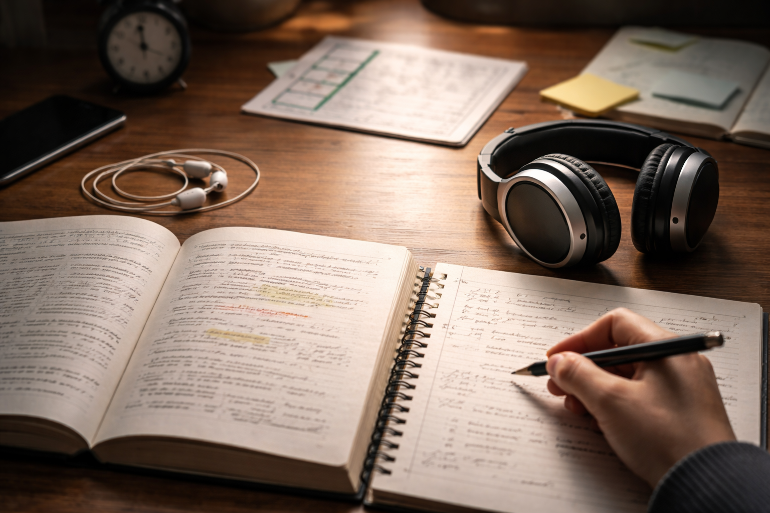 参考書とノートの横にイヤホンとヘッドホンが置かれた勉強机