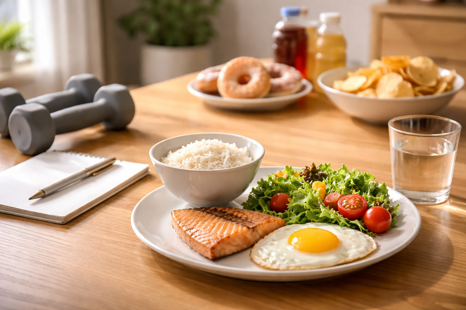 整った朝食とメモ帳、ダンベルが置かれたキッチンテーブル