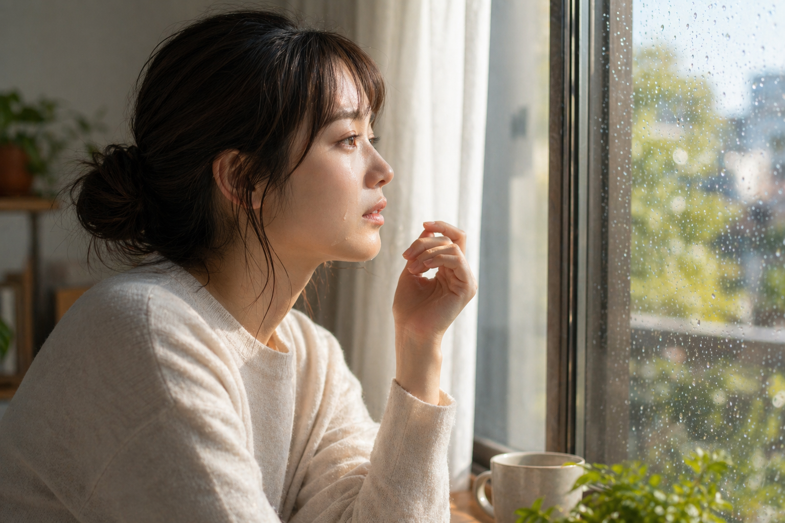 窓辺で涙をぬぐい、少し落ち着きを取り戻した人物