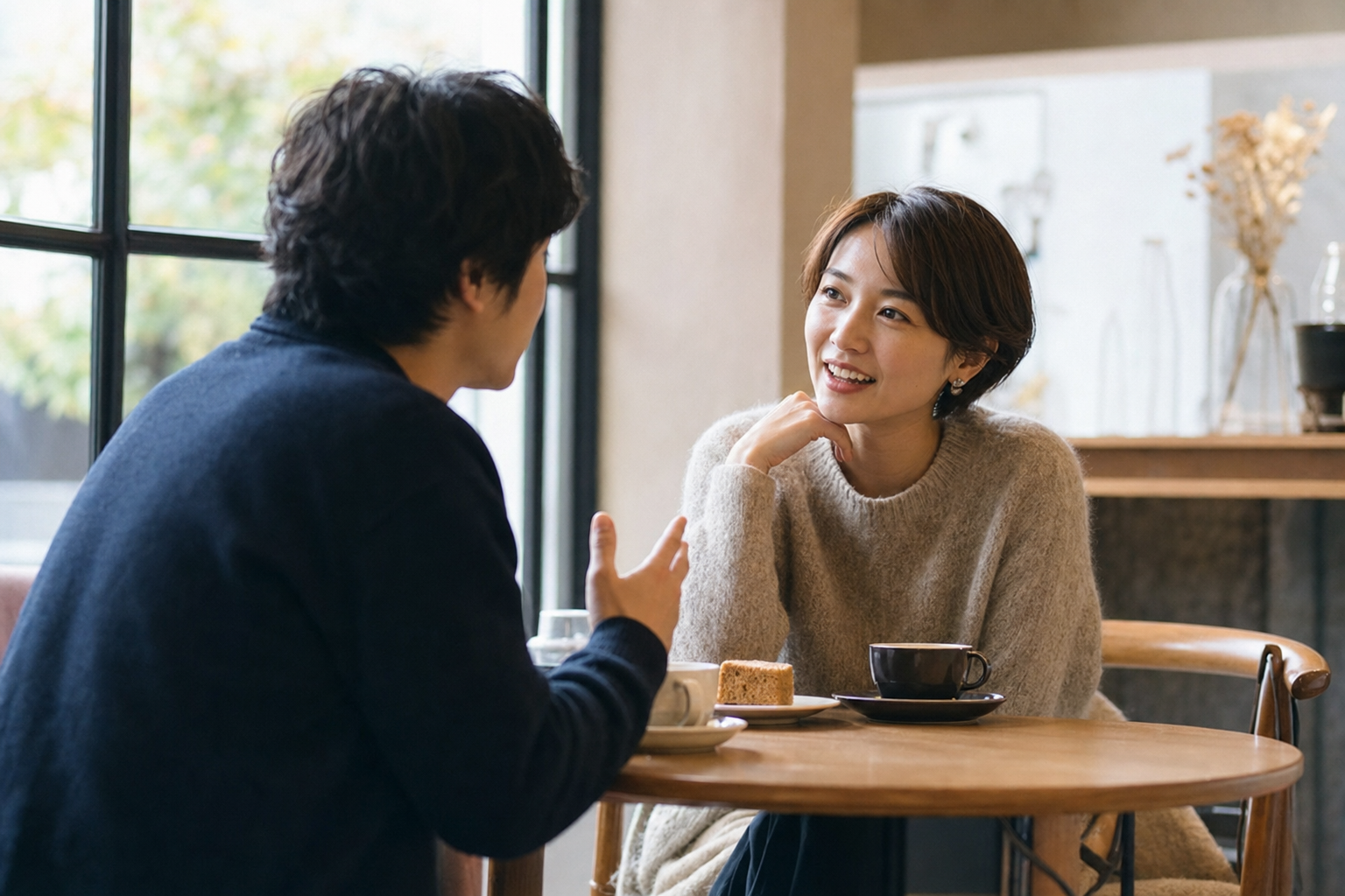 カフェで向かい合い、質問をきっかけに会話が弾み始める二人