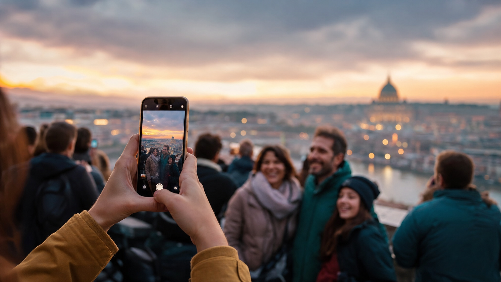 観光地でスマホを構えて写真を撮り続ける人物の手元