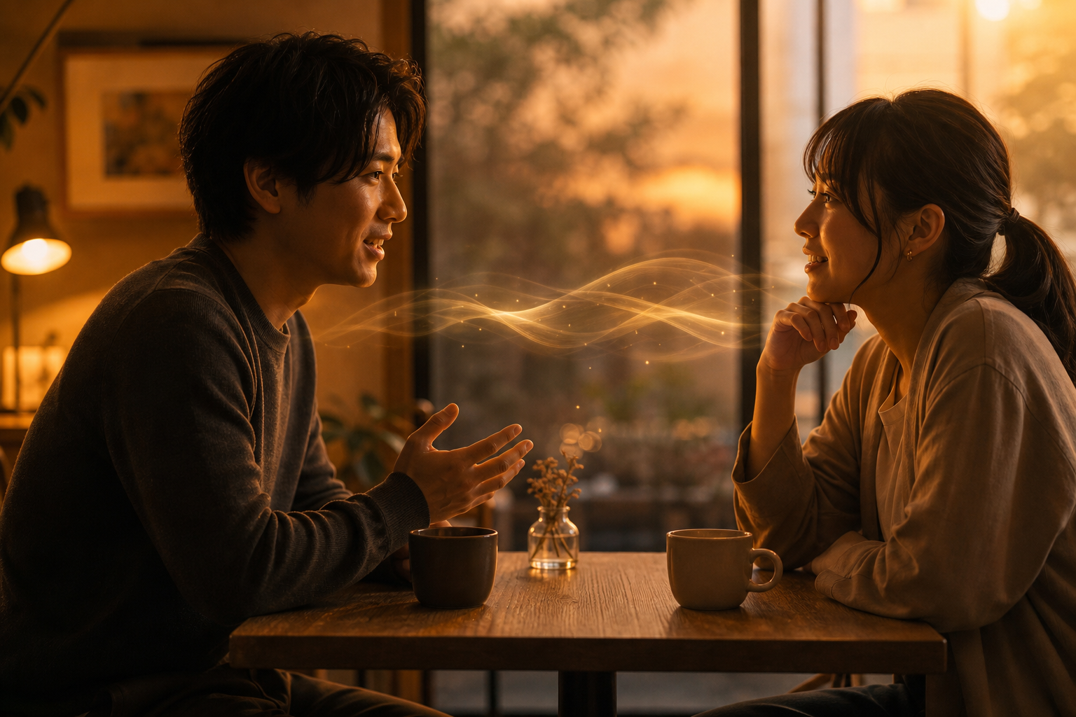 向かい合って会話し、自然に呼吸が合っている二人