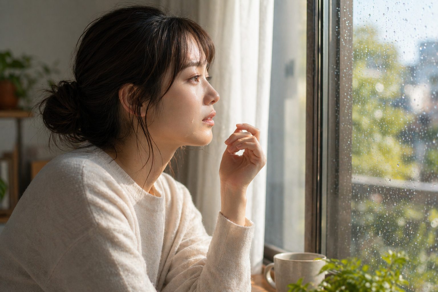 窓辺で涙をぬぐい、少し落ち着きを取り戻した人物