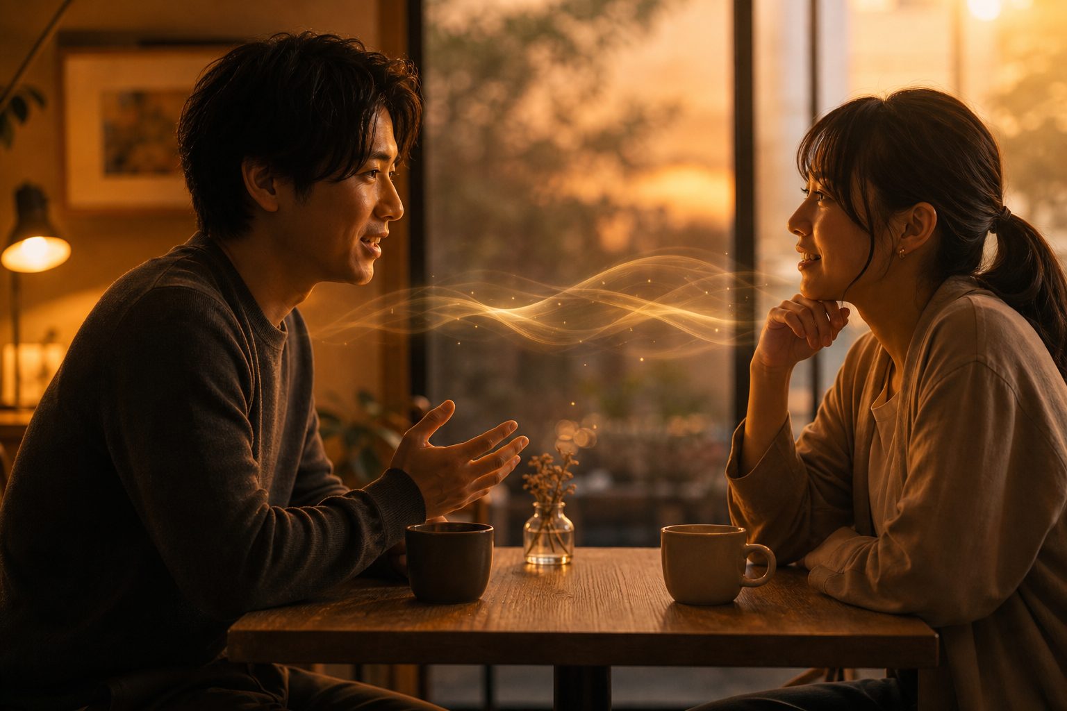 向かい合って会話し、自然に呼吸が合っている二人