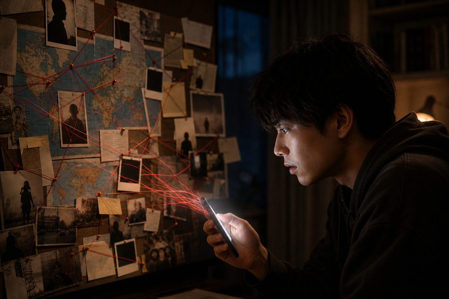 スマホの情報から無数の関連を見出してしまう人物のイメージ