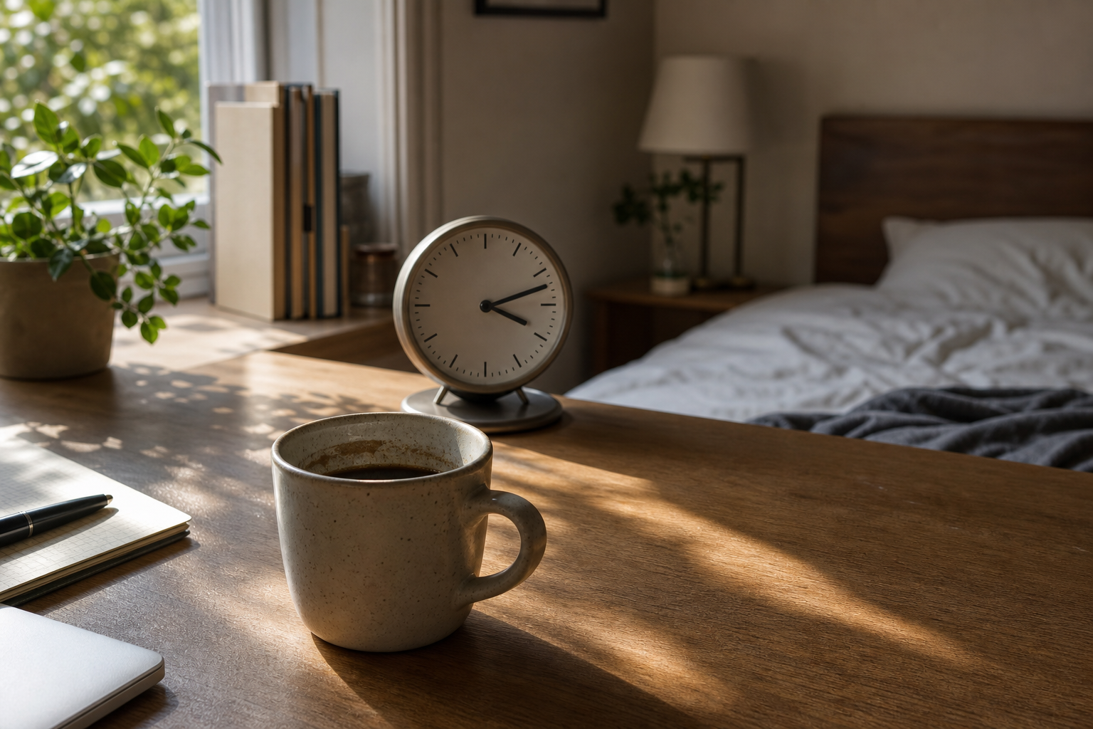 夕方のデスクに置かれたコーヒーカップと時計