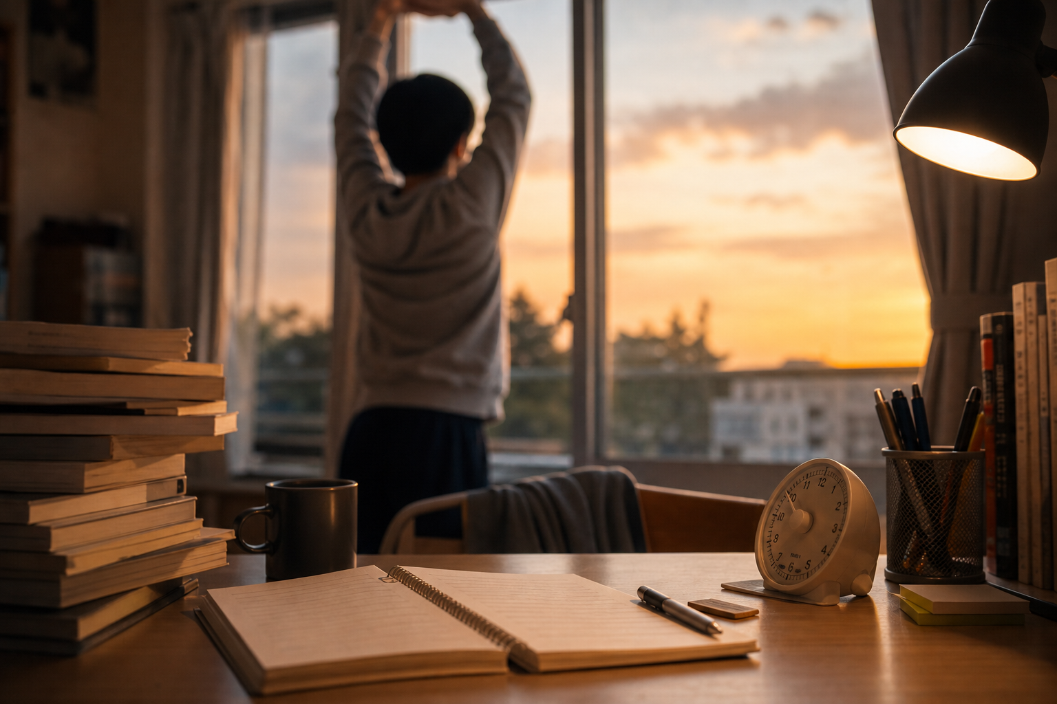 勉強の合間に机を離れて短い休憩を取る人物