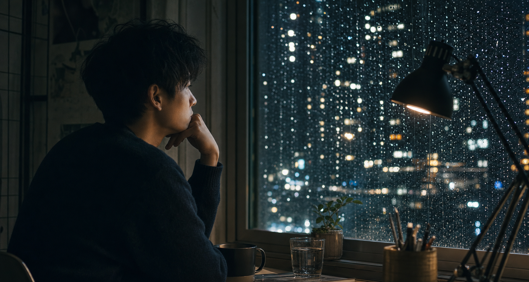 雨粒と街灯の並びに意味を感じて立ち止まる人物