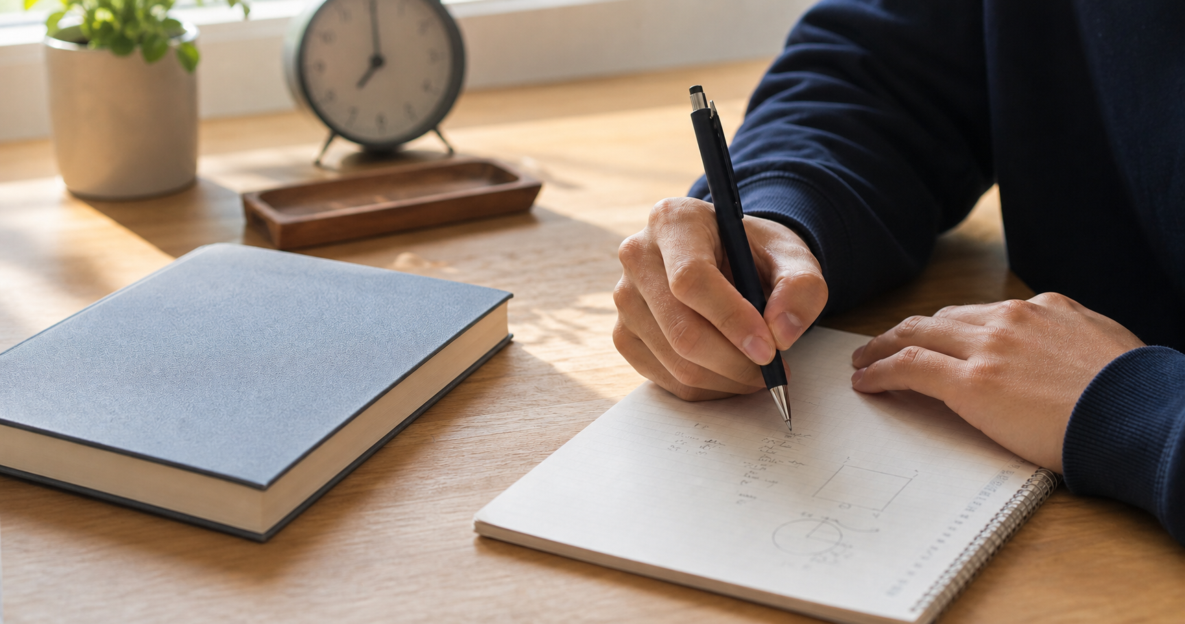 教科書を閉じてノートに要点を書き出す学習者の手元