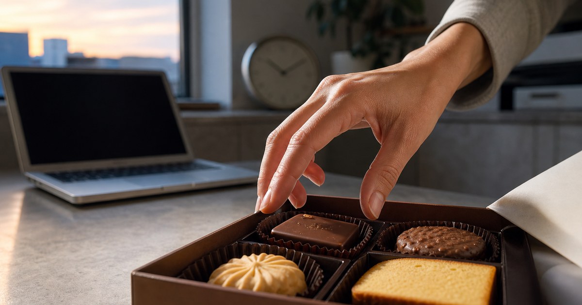 菓子箱に手を伸ばしかける人物の手元