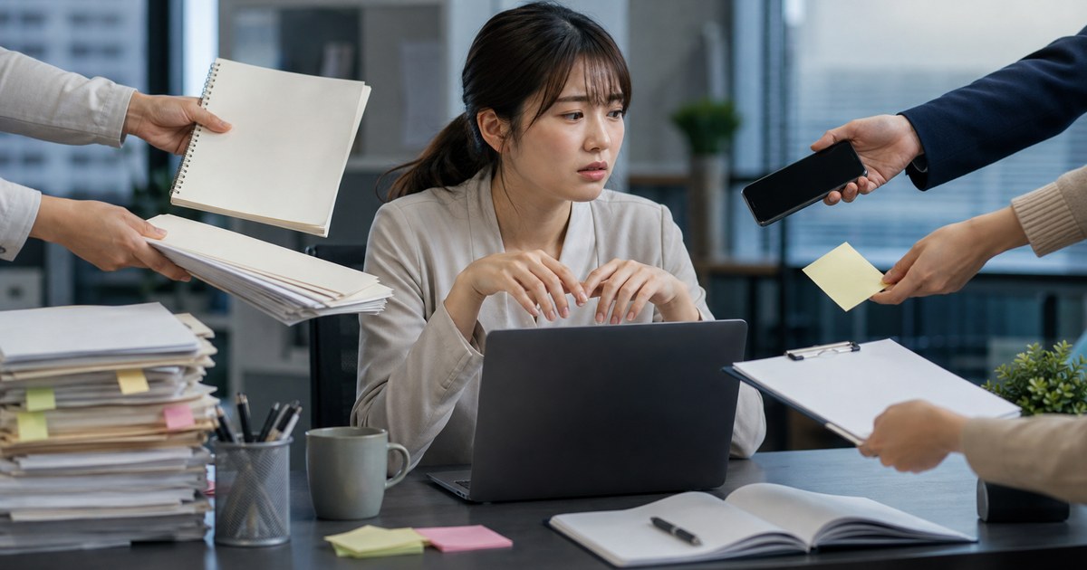 周囲から次々と仕事を差し出されて手が止まる会社員