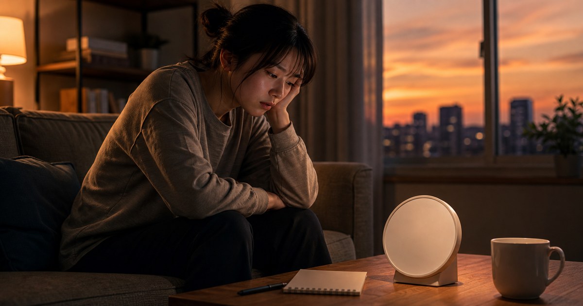 夕方の室内で気分が落ち込む人物と時間を示す時計