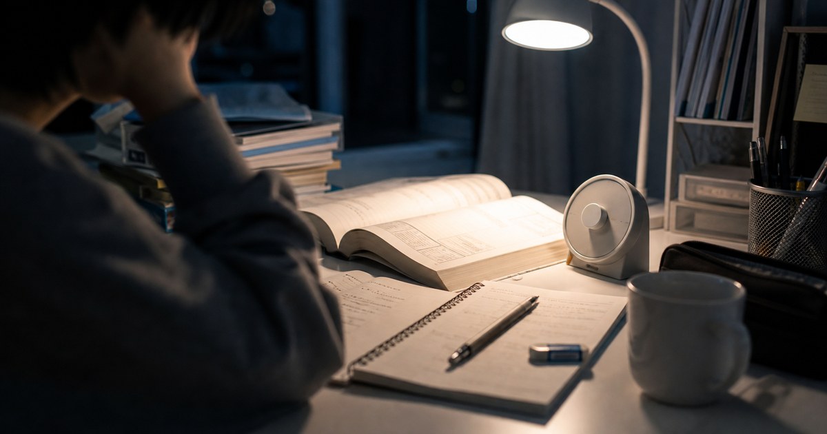深夜の勉強机に開いた参考書と午前2時を示す時計がある様子