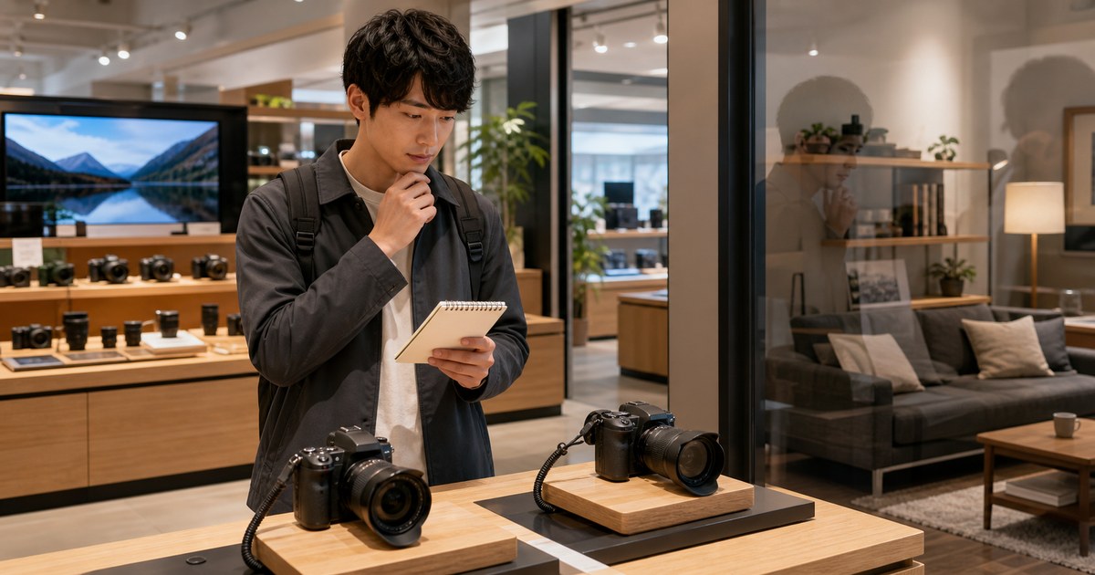 高額商品を前に比較しながら考え込む人物