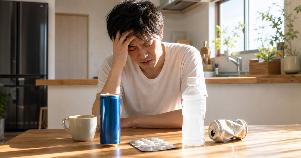 二日酔いの朝に飲み物や薬を前に額を押さえる人物