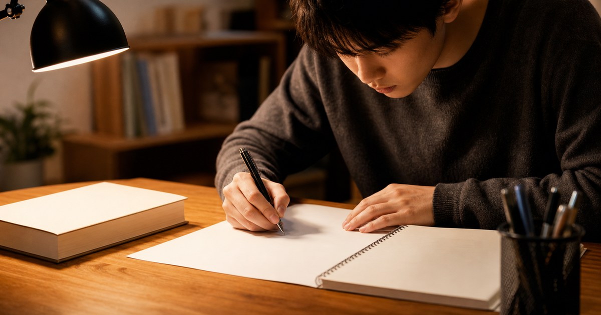 閉じた教材を横に置き、白紙に思い出しながら書いている学習者