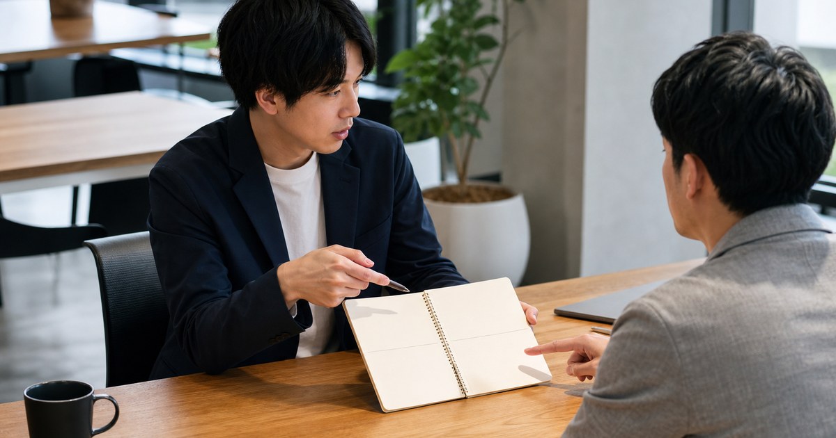 ノートを見せながら先輩に仕事の相談をする社員