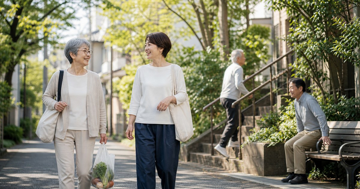 朝の街を自然に歩く中高年の人物
