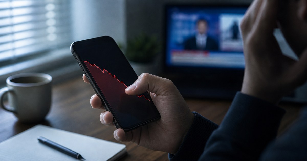 下落した株価チャートを見るスマホと迷う手元